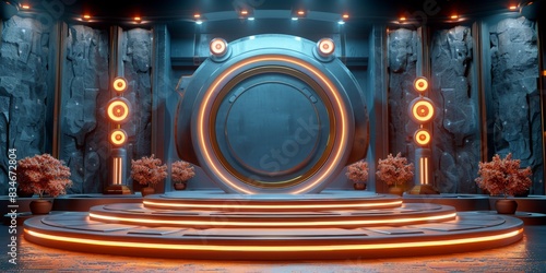 A miniature 3D world where productivity-themed obstacles magic remix podium show produtc  rendering of a futuristic empty circular stage with glowing lights photo