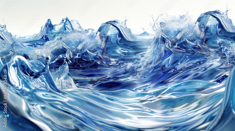 A close-up of a blue and white wave with water splashing at its base The base of the wave is visible beneath the water A close-up of a blue and white wave with water splashing at its base The base of the wave is visible beneath the water