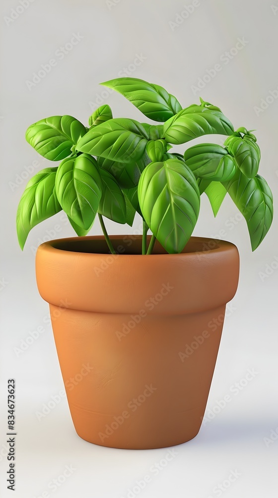 Fototapeta premium Clay Pot with Fresh Basil Leaves 3D Rendered Culinary Ingredient for Cooking and Decor