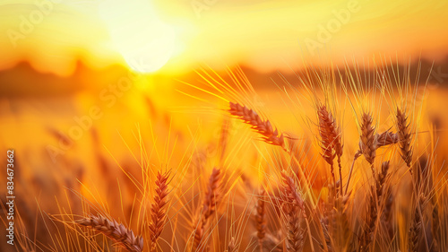 close-up shot of radiant wheat ears  their golden hues shimmering against the backdrop of a serene summer field 