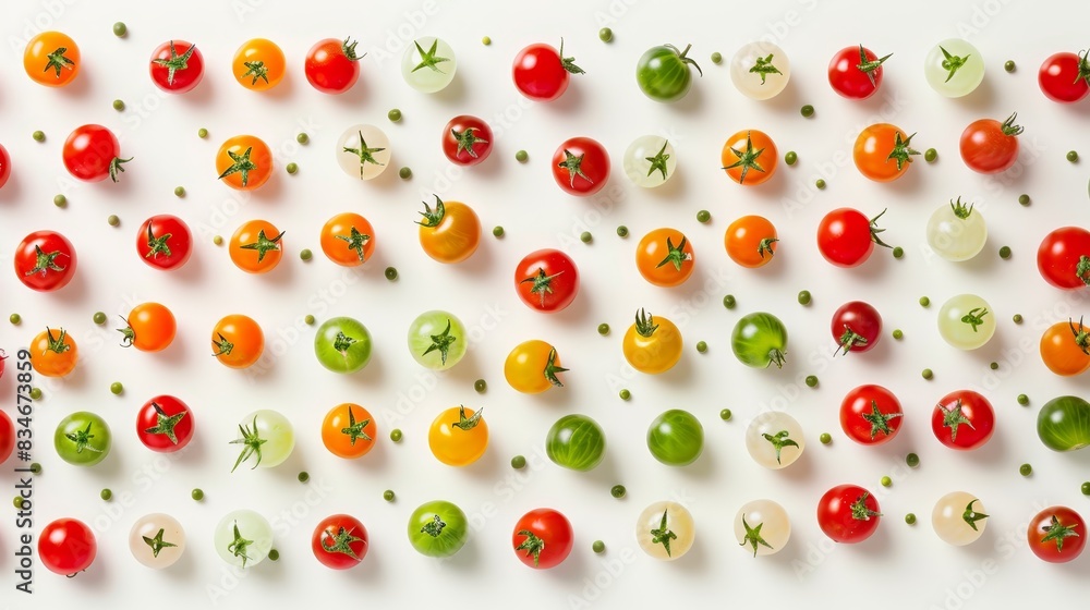 A group of differently colored tomatoes on a white surface Red and green tomatoes at the top and bottom of the bottom row A group of differently colored tomatoes on a white surface Red and green tomatoes at the top and bottom of the bottom row