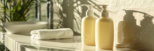 Close up of two stylish shampoo bottles on a countertop. Generative AI