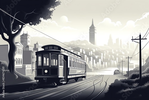 The black and white image shows a cable car climbing a hill in San Francisco. photo