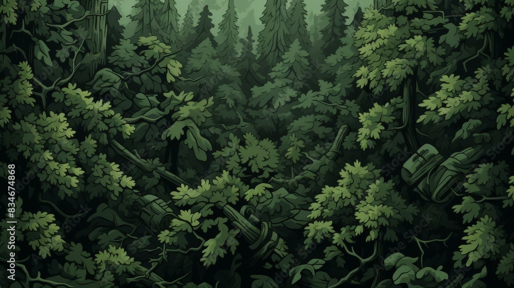 Detailed illustration of an artistic forest camouflage design with flat texture, realistic foliage, and high resolution. Detailed illustration of an artistic forest camouflage design with flat texture, realistic foliage, and high resolution.
