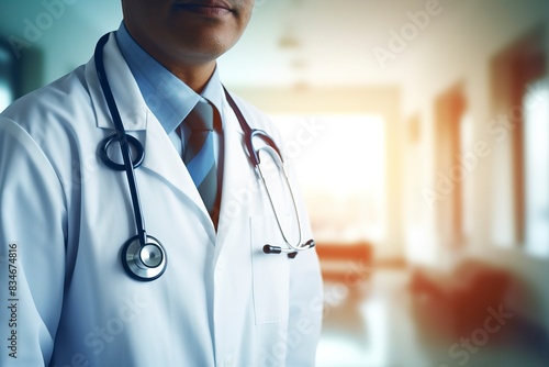 Doctor With Stethoscope with Hospital blur background, copy space, generative ai