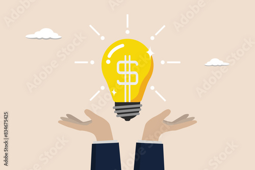 Enlighten money idea, business idea to make profit, innovation concept, businessman hand hold brightly lit money dollar lightbulb idea.