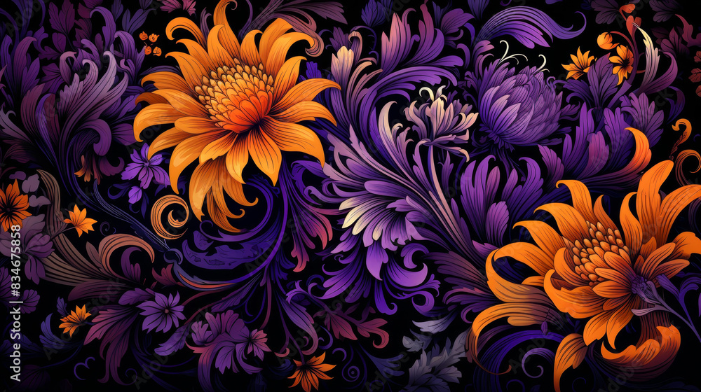 Modern brocade texture with vibrant hues and intricate patterns, in a detailed and artistic flat illustration style. Modern brocade texture with vibrant hues and intricate patterns, in a detailed and artistic flat illustration style.