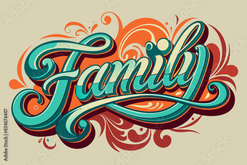Beautifully designed "Family" text with intricate swirls and a vibrant color scheme. Perfect for family-themed projects, greeting cards, wall art, and digital designs. Warm and inviting artistic style