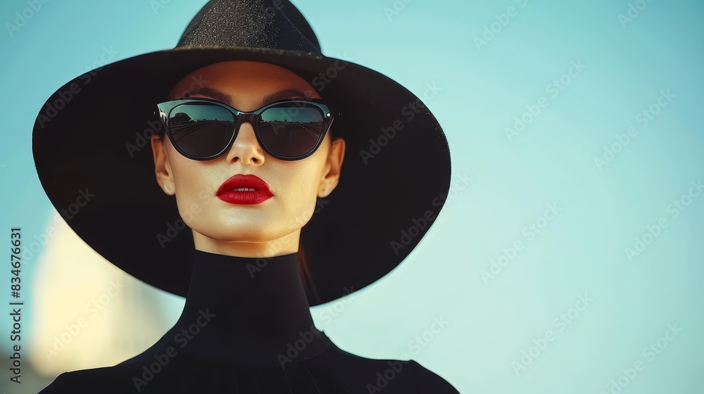 A mannequin dons a black hat, sunglasses, and a red lip It wears a black dress with a collared neckline and another black hat, also adorn A mannequin dons a black hat, sunglasses, and a red lip It wears a black dress with a collared neckline and another black hat, also adorn