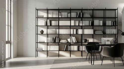 Minimalist black metal bookshelf with clean lines in a modern study room, modern home decor