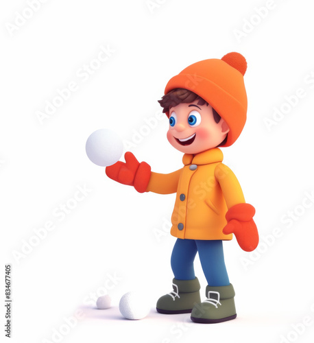 Boy in hat playing snowballs in winter. Cartoon 3d illustration isolated on white background. 