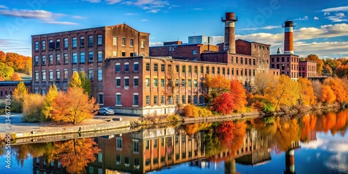 Empty old factory city in Lewiston, Maine during Autumn with clear sky, abandoned, industrial, buildings, landscape, autumn, empty, quiet, serene, historic, architecture, sky, clouds, trees photo