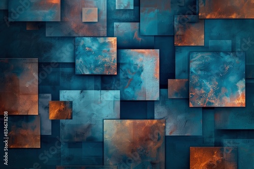 Abstract geometric background with squares and rectangles in blue and brown colors - generative ai