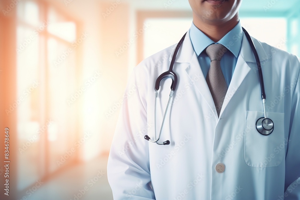 Doctor With Stethoscope with Hospital blur background, copy space, generative ai Doctor With Stethoscope with Hospital blur background, copy space, generative ai
