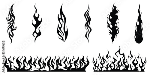 Silhouette Fire flames. Old school tattoo neo-tribal style or silhouette flame for cars. set vector icons. Fire sign. Fire flame icon isolated on white background. Vector illustration	