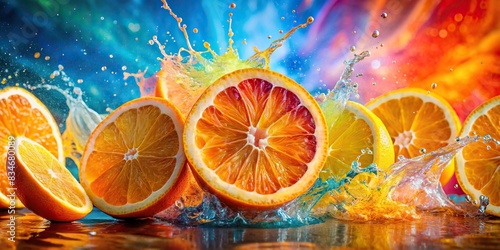 Vibrant orange slices splashing in colorful water, abstract fluid explosion with multicolor liquid effect , orange, slices, splashing, water, abstract, fluid, exploding, creativity photo
