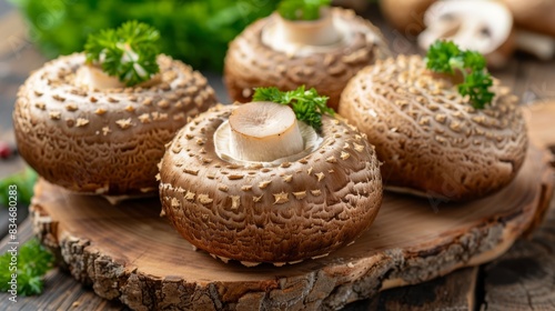  A collection of mushrooms atop a wood slice, adjacent to verdant vegetable bundles on another wooden cutting board