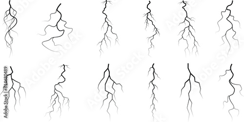 Vector lightning silhouettes set. Thunderstorm design. Vector illustration	