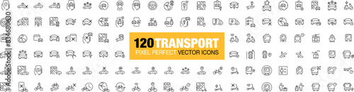 120 Pixel perfect, editable stroke vector icons. Means of transportation. Land, sea, public and personal. Car sharing, rent, cruises, electric vehicles and other
