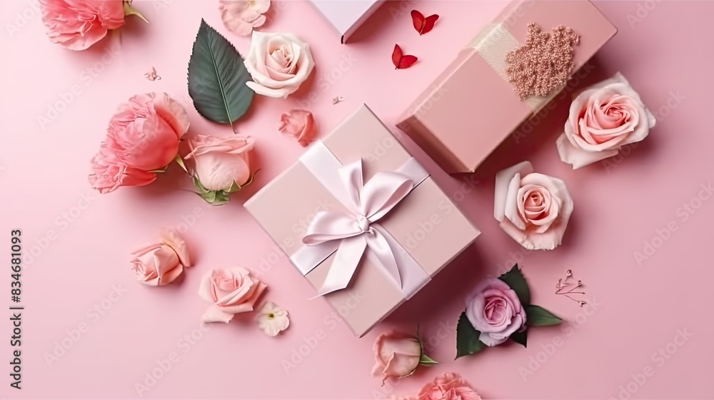 Top View of Valentine day banner design of a collection of Gift box and pink flowers on pink pastel background Top View of Valentine day banner design of a collection of Gift box and pink flowers on pink pastel background