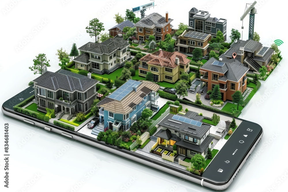 Digital model of a smart home with various connected devices and applications, showcasing advanced technology integration Digital model of a smart home with various connected devices and applications, showcasing advanced technology integration