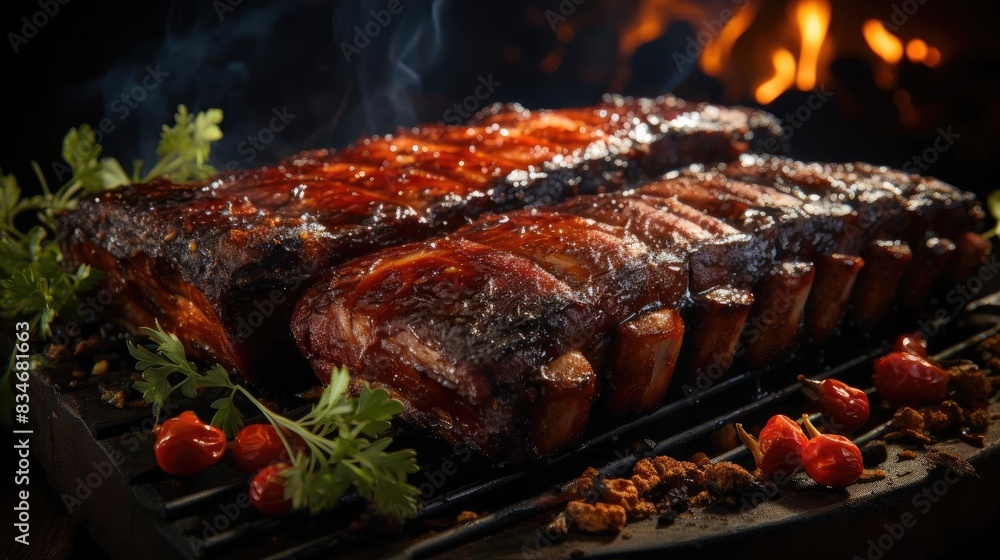 Realistic grilled barbeque with melted barbeque sauce and cut vegetables, black and blur background Realistic grilled barbeque with melted barbeque sauce and cut vegetables, black and blur background