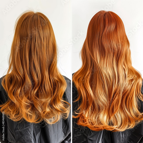 Hair color transformation, before and after, female, on white background