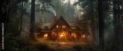 A Cozy Cabin Nestled Among Towering Pine Trees, With A Crackling Fire And The Sound Of Rain Pattering On The Roof, Offering A Refuge From The Cold photo