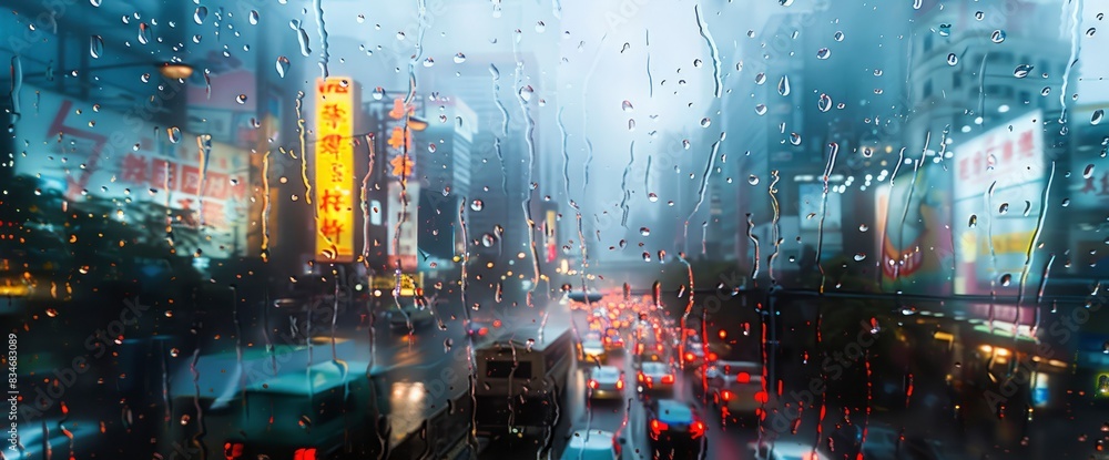 A Rainy Day Window Scene With Droplets Cascading Down The Glass, Overlooking A City Skyline Adorned With Flickering Neon Signs And Distant Skyscrapers A Rainy Day Window Scene With Droplets Cascading Down The Glass, Overlooking A City Skyline Adorned With Flickering Neon Signs And Distant Skyscrapers