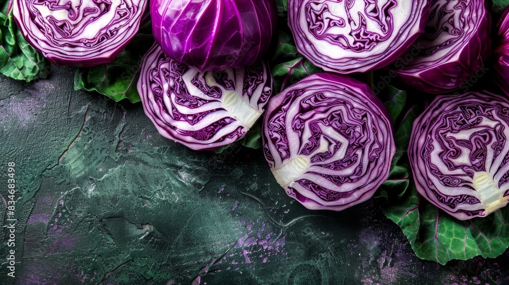 Obraz premium A red cabbage heap, halved, atop green lettuce on a black backdrop Nearby, a dark green lettuce leaf