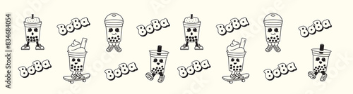 Cute boba cup character and boba wordmark pattern