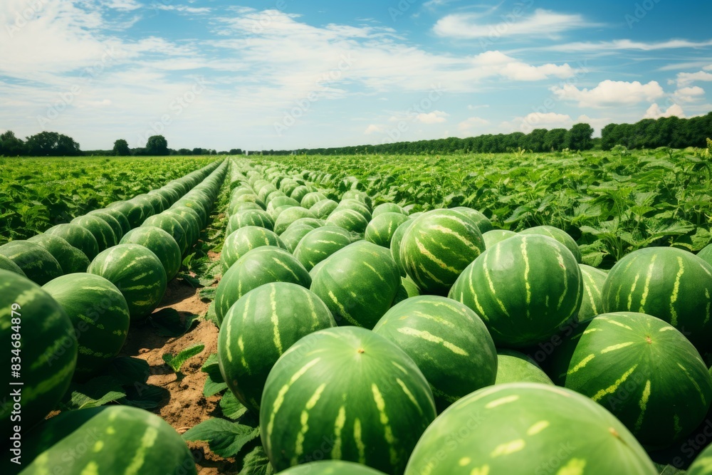 Fototapeta premium Rows of ripe watermelons bask under the blue sky in a lush green field