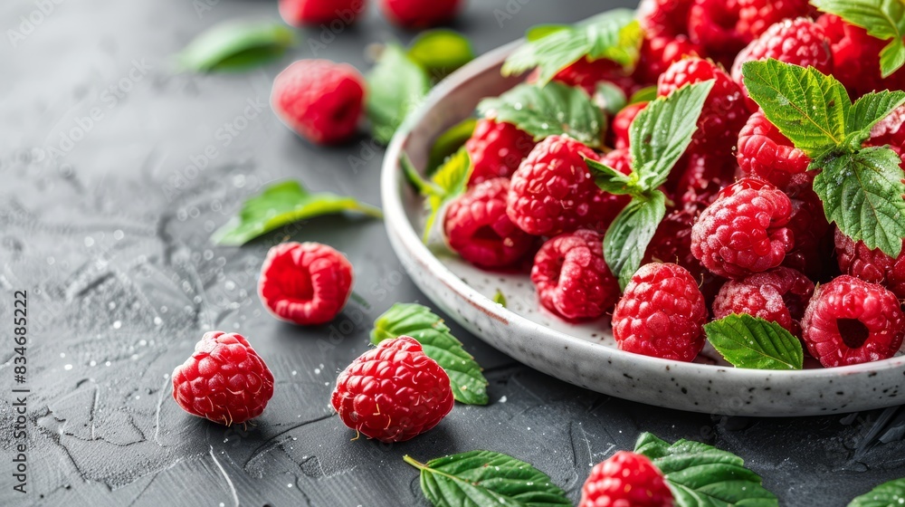  A bowl of raspberries and mint leaves on a black surface Raspberries are shown with green leaves at the edges, while water droplets dot both the surface and the plate