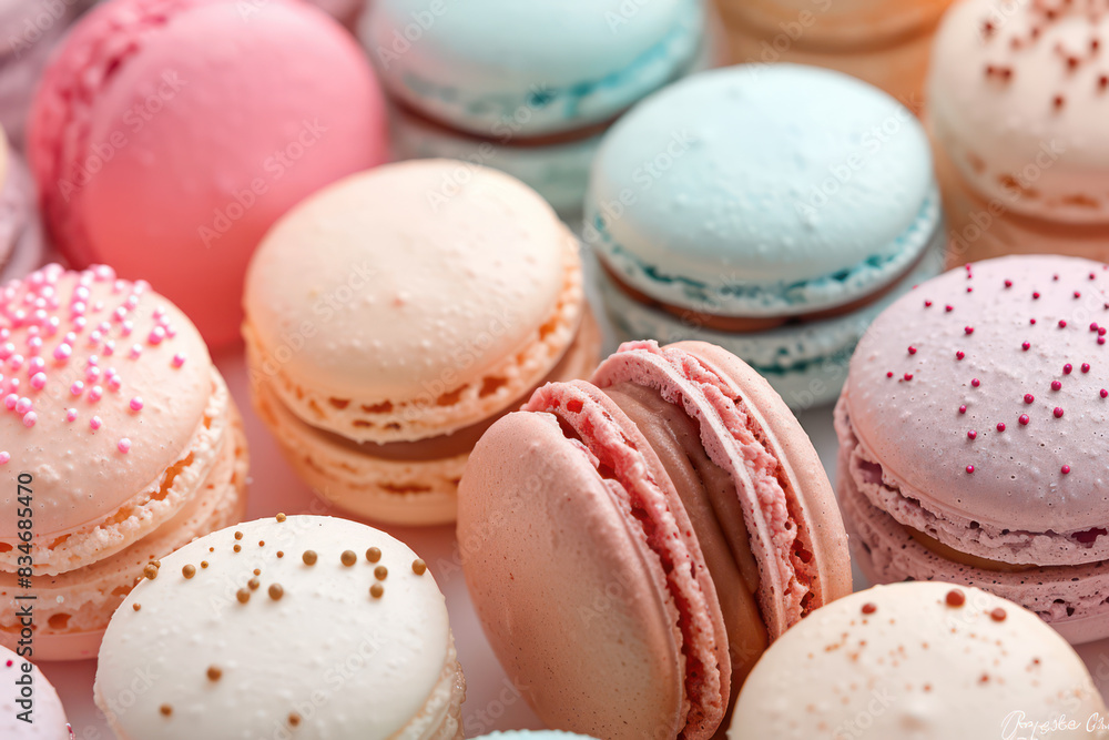 Close-up of a French Macaron colorful selection, pastel colors and delicate textures, dessert and cake style. Macarons or macaroons is French dessert for served with tea or coffee break Close-up of a French Macaron colorful selection, pastel colors and delicate textures, dessert and cake style. Macarons or macaroons is French dessert for served with tea or coffee break