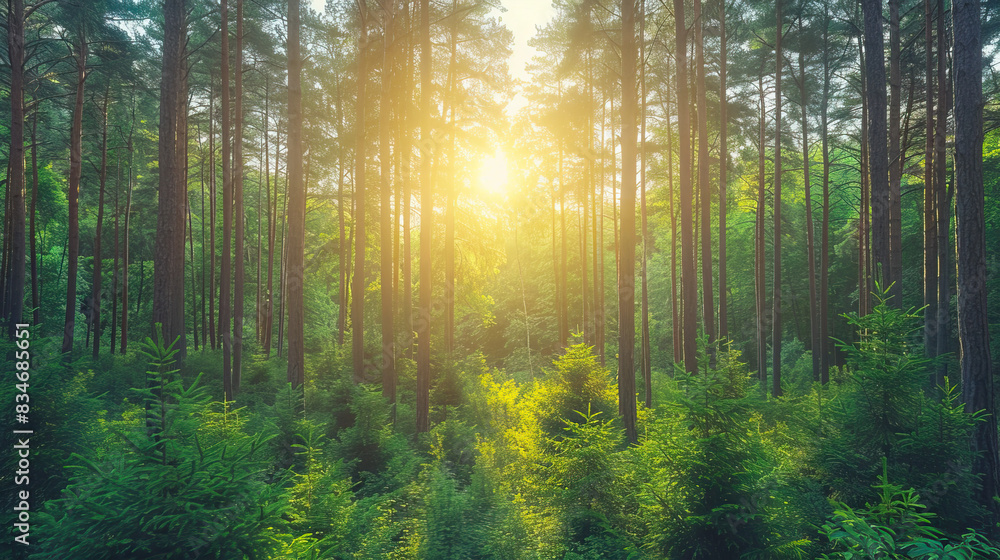 Obraz premium Sunlight beams through tall pine trees in a forest