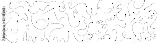 Set of hand drawn thin dash line arrows. Collection of curved pointers. Black dot vector pointers pointing in different directions. Simple design elements of signpost showing confusing complex path