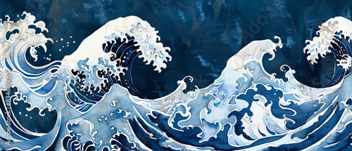 Majestic wave, Japanese woodblock style, deep blue hues, intricate white details, flowing motion, flat lay photo