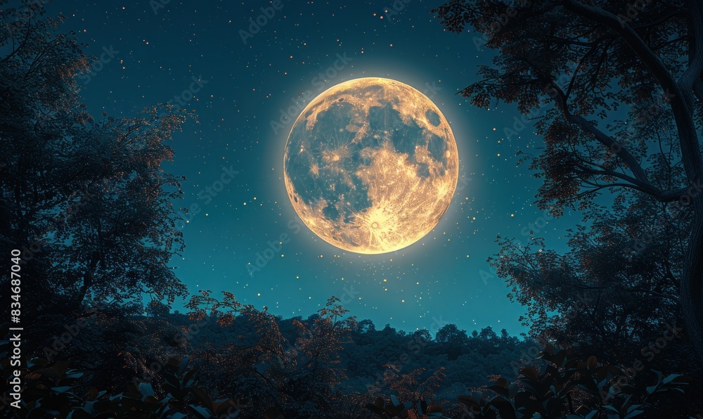 Fototapeta premium Beautiful full moon silhouette view and forest