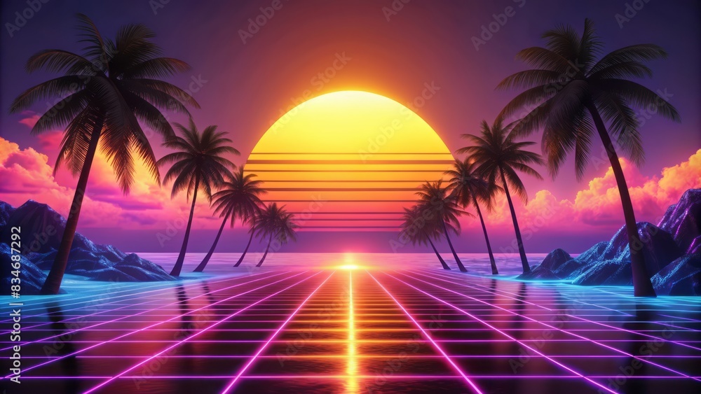 Naklejka premium Vibrant neon hues illuminate a tranquil tropical beachscape, palm trees silhouetted against a radiant sunset sky, evoking a retro-futuristic summer vibe.