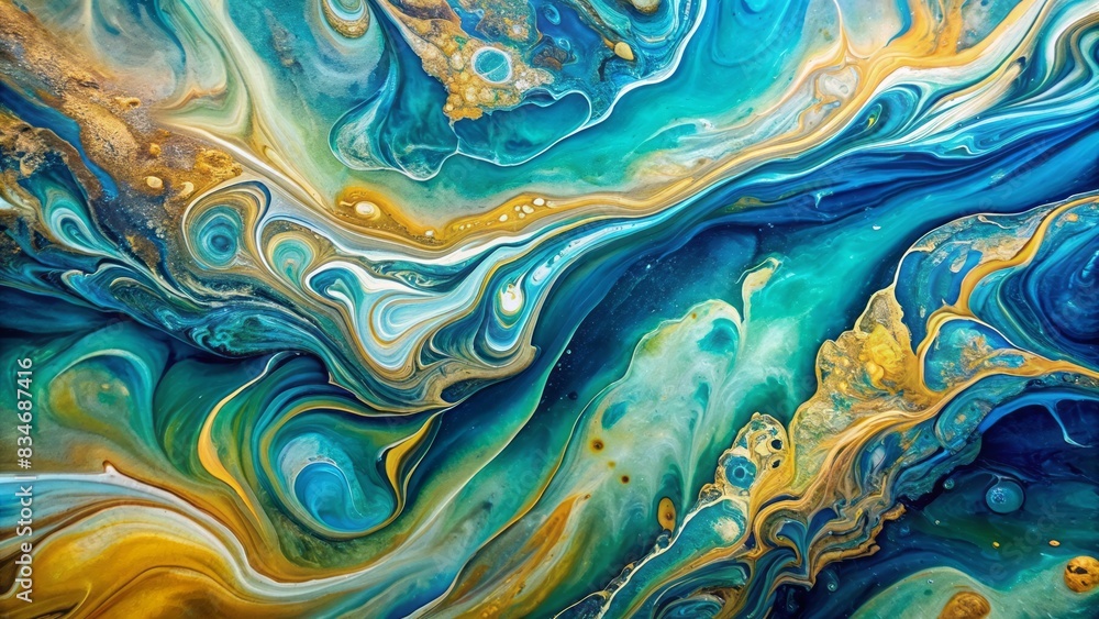 Vibrant abstract background featuring a mesmerizing fluid art texture with mixed blue, green, gold, and white paints swirling together in a dynamic Vibrant abstract background featuring a mesmerizing fluid art texture with mixed blue, green, gold, and white paints swirling together in a dynamic
