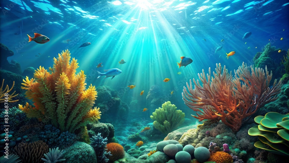 Obraz premium Vibrant sunlight pierces through turquoise water, illuminating a thriving coral reef ecosystem, with sea fans and fish darting amidst undulating seaweed, on the ocean floor.