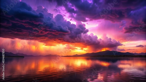 Vibrant purple and orange hues illuminate a dramatic sunset sky with dark rain clouds, reflecting onto a serene lake's calm waters, creating a fantasy panoramic landscape.