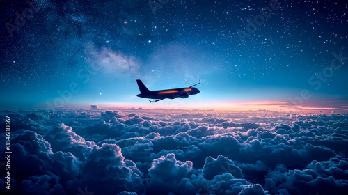 Airplane flying in night sky over the clouds, passenger jet commercial plane in starry night.