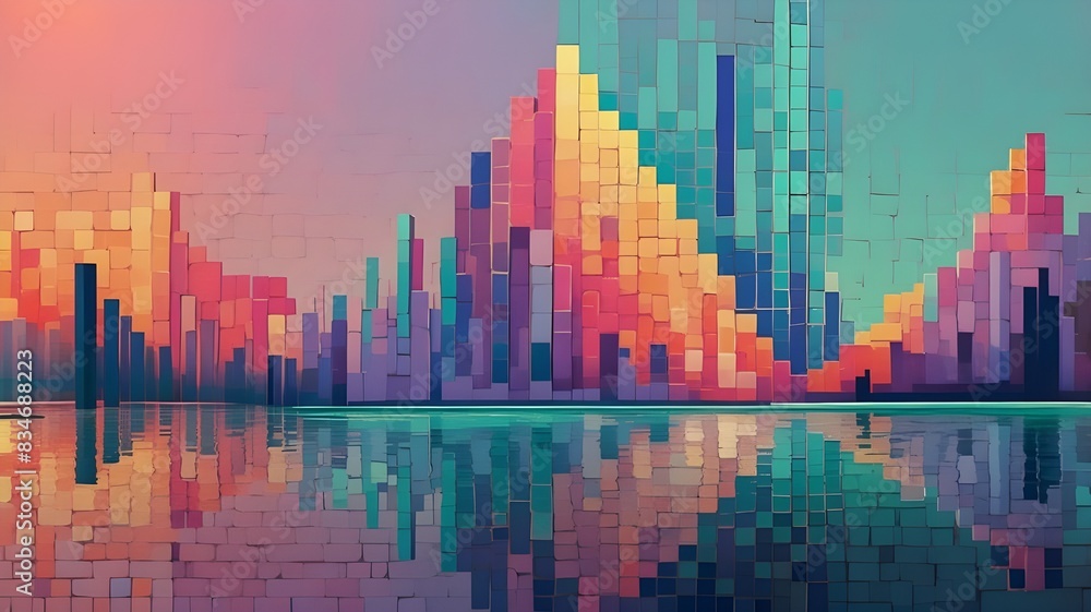 Fototapeta premium a colorful cityscape concept background. with a reflection of the city in the water.