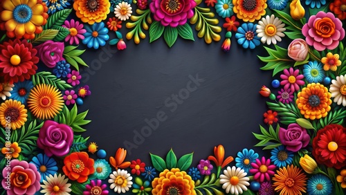 Fototapeta Naklejka Na Ścianę i Meble -  Vibrant colorful flowers frame on dark background, intricate floral abstract border inspired by traditional mexican folk art, perfect for festive occasions like cinco de mayo celebrations.
