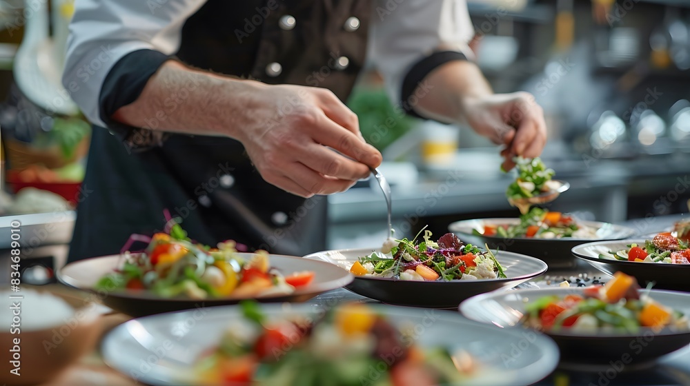 Cook in apron adding some sauce to dish. Cropped chef preparing food, meal, in kitchen, chef cooking Cook in apron adding some sauce to dish. Cropped chef preparing food, meal, in kitchen, chef cooking