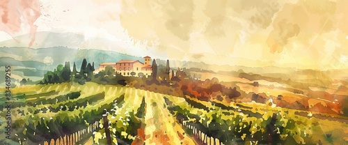 Italian Countryside With Vineyards, Rolling Hills, Tuscan Villas, Tranquil Mood, Watercolor Painting Style, Warm Earthy Tones, Soft Sunlight