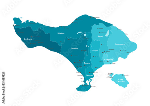 Vector isolated illustration. Simplified blue administrative map of Bali, Indonesia with nearest island Nusa Penida. White background. Names of cities, villages and Regencies photo