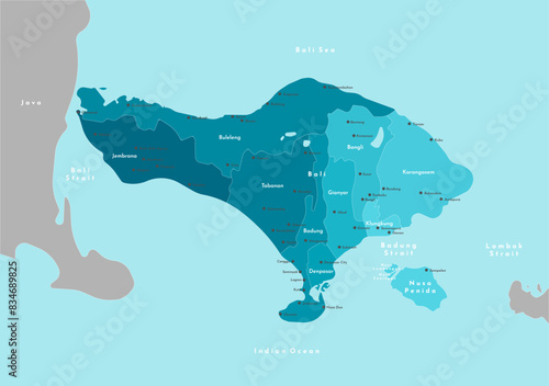 Vector modern illustration. Simplified administrative map of Bali, Indonesia. Border with nearest islands Java, Nusa Penida and etc. Blue background of seas. Names of cities, villages and Regencies photo