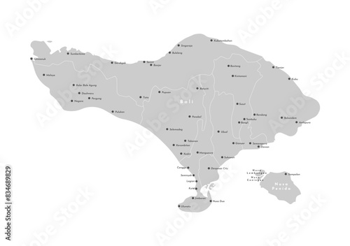 Vector Isolated illustration. Simplified grey administrative map of Bali, Indonesia. Border with nearest islands Nusa Penida. White background. Names of cities, villages